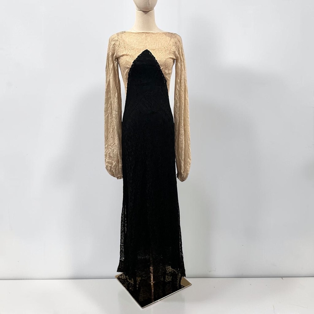 Vintage Style Two Tone Lace Maxi Dress Open Back Bishop Sleeve Black Tan Small